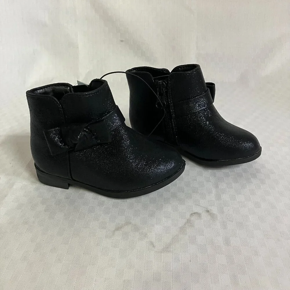 Cat & Jack Toddler Girl 6 Black Leather Bow-Detailed Side Zip Sammi Shimmer Boot